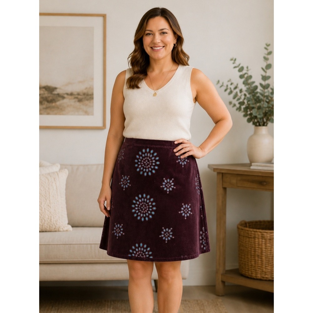 Boden Velvet Eyelet Skirt Women 10R Plum Teal Medallion Autumn Cottagecore